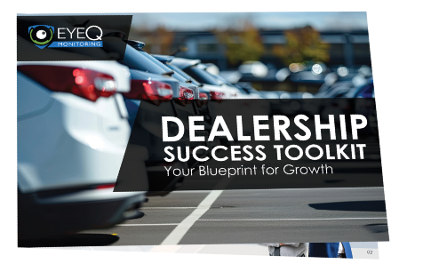 A dealership parking lot with rows of parked vehicles, highlighting EyeQ Monitoring's 'Dealership Success Toolkit' cover. The image emphasizes advanced security solutions, keyless entry protection, inventory management systems, surveillance systems, and proactive monitoring measures against threats like keyless car theft, relay theft, signal jamming, and system hacking.
